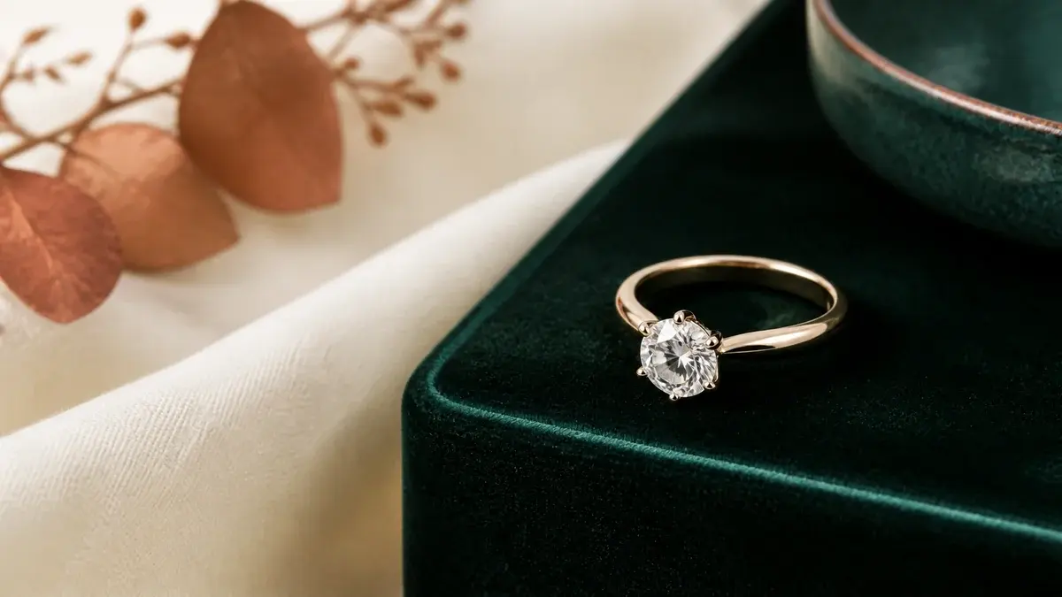 Solitaire-forlovelsesring med klar sten på grøn fløjl